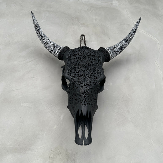 Midnight Bloom | Hand-Carved Cow Skull