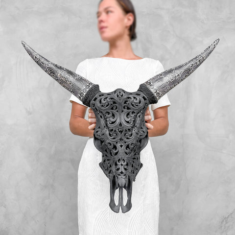 Boho Leaf | Hand-Carved Cow Skull