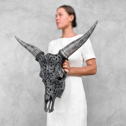 Boho Leaf | Hand-Carved Cow Skull