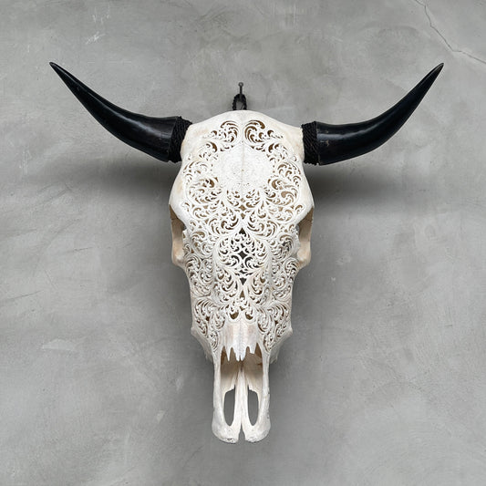 Mandala Leaf Crest | Hand-Carved Bull Skull